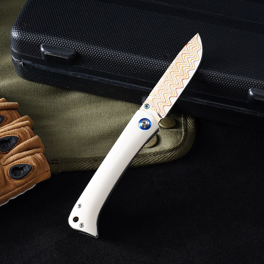 Premium Damascus Folding Knife with Cow Bone Handle Outdoor & Camping Pocket Knife