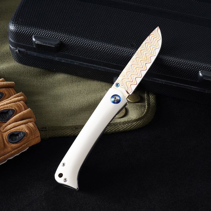 Premium Damascus Folding Knife with Cow Bone Handle Outdoor & Camping Pocket Knife