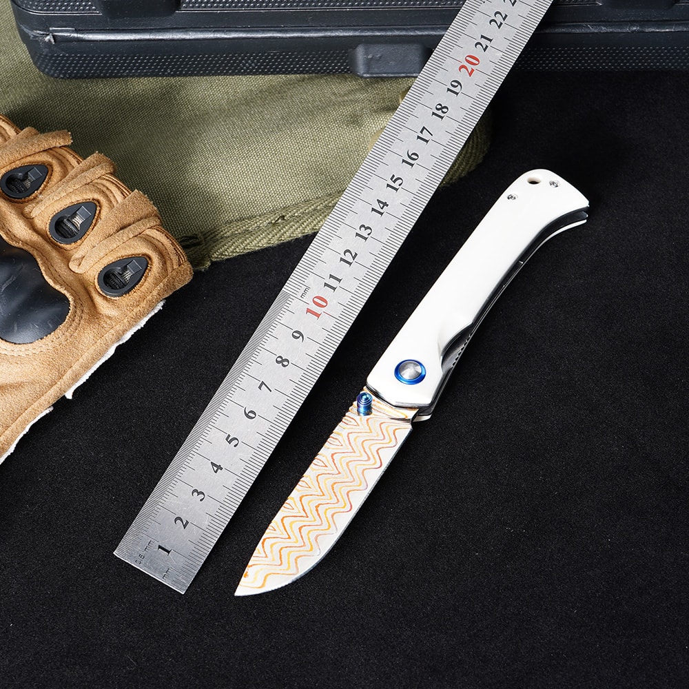 Premium Damascus Folding Knife with Cow Bone Handle Outdoor & Camping Pocket Knife