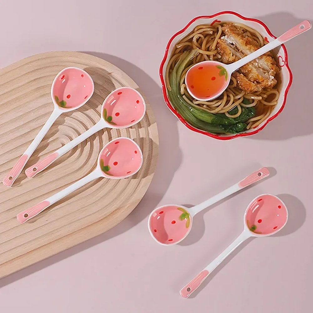 Kawaii Strawberry Ceramic Spoon For Coffee Dessert Soup 1