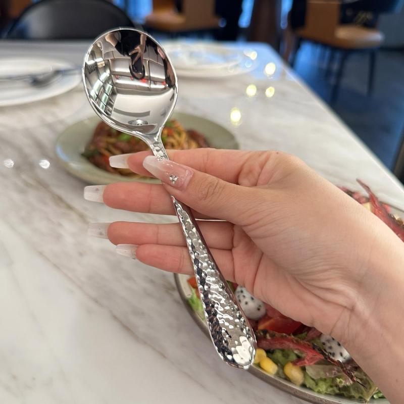 Premium Hammer Pattern Stainless Steel Dessert & Soup Spoon Creative Long Handle Spoon