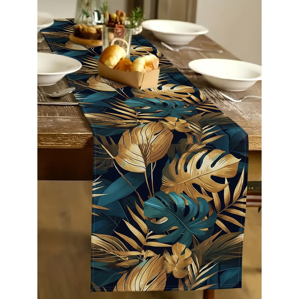 Tropical Palm Leaves Linen Table Runner for Summer Dining & Holiday Decor