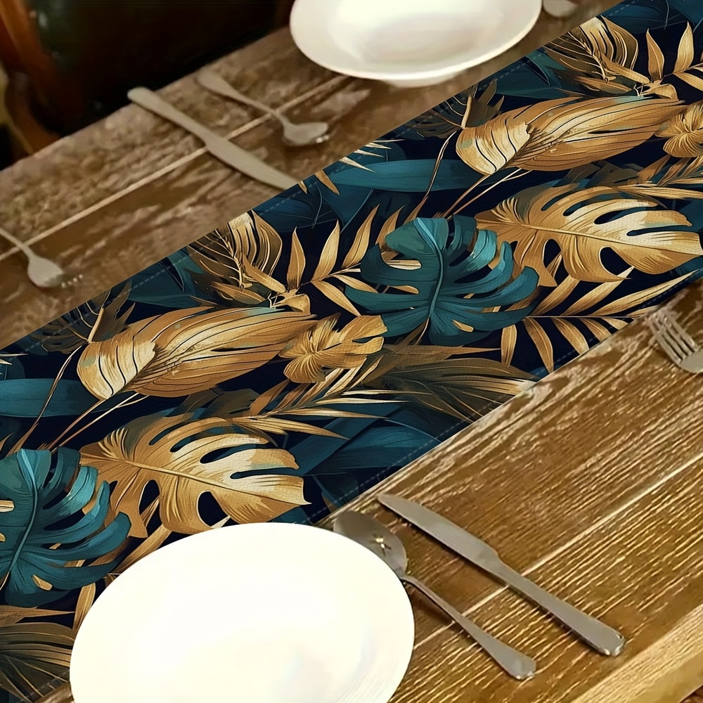 Tropical Palm Leaves Linen Table Runner for Summer Dining & Holiday Decor