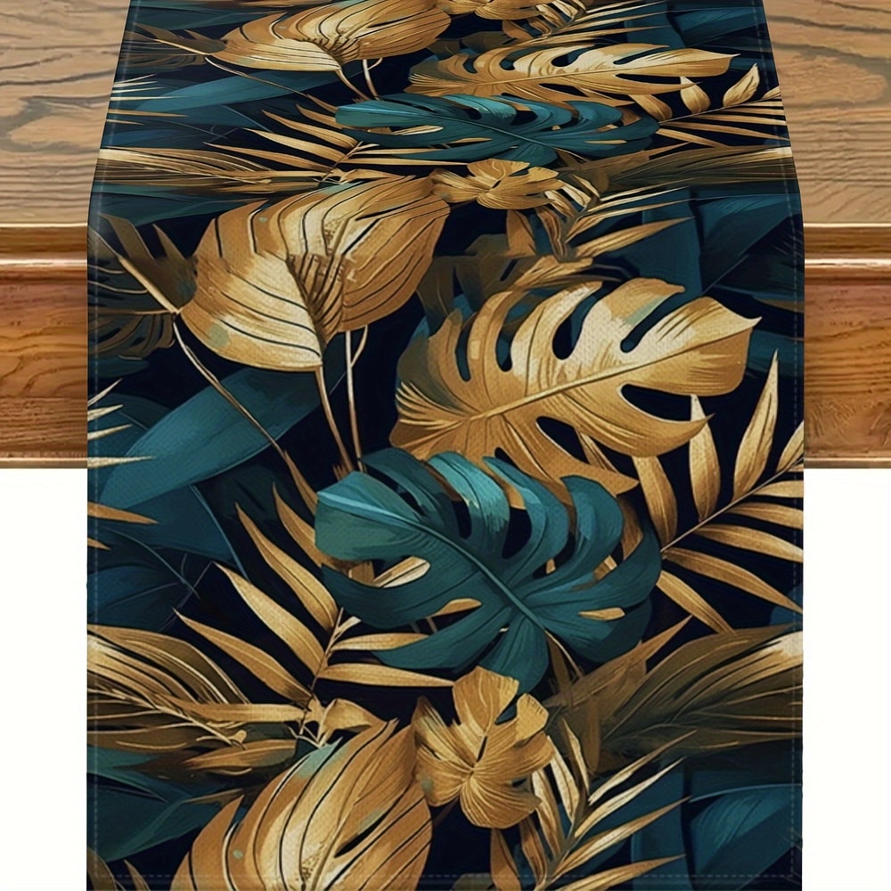 Tropical Palm Leaves Linen Table Runner for Summer Dining & Holiday Decor