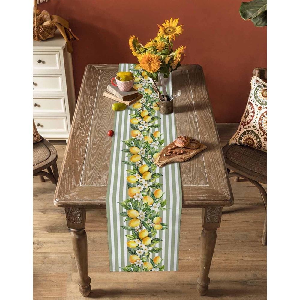 Summer Lemon Fruit Floral Linen Table Runner Stylish Holiday Kitchen Decoration