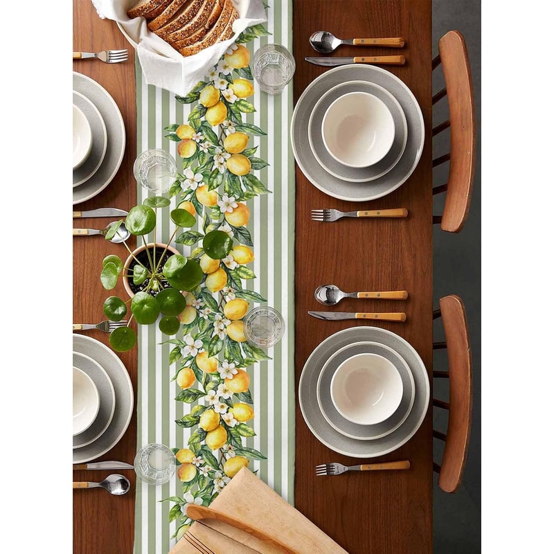 Summer Lemon Fruit Floral Linen Table Runner Stylish Holiday Kitchen Decoration