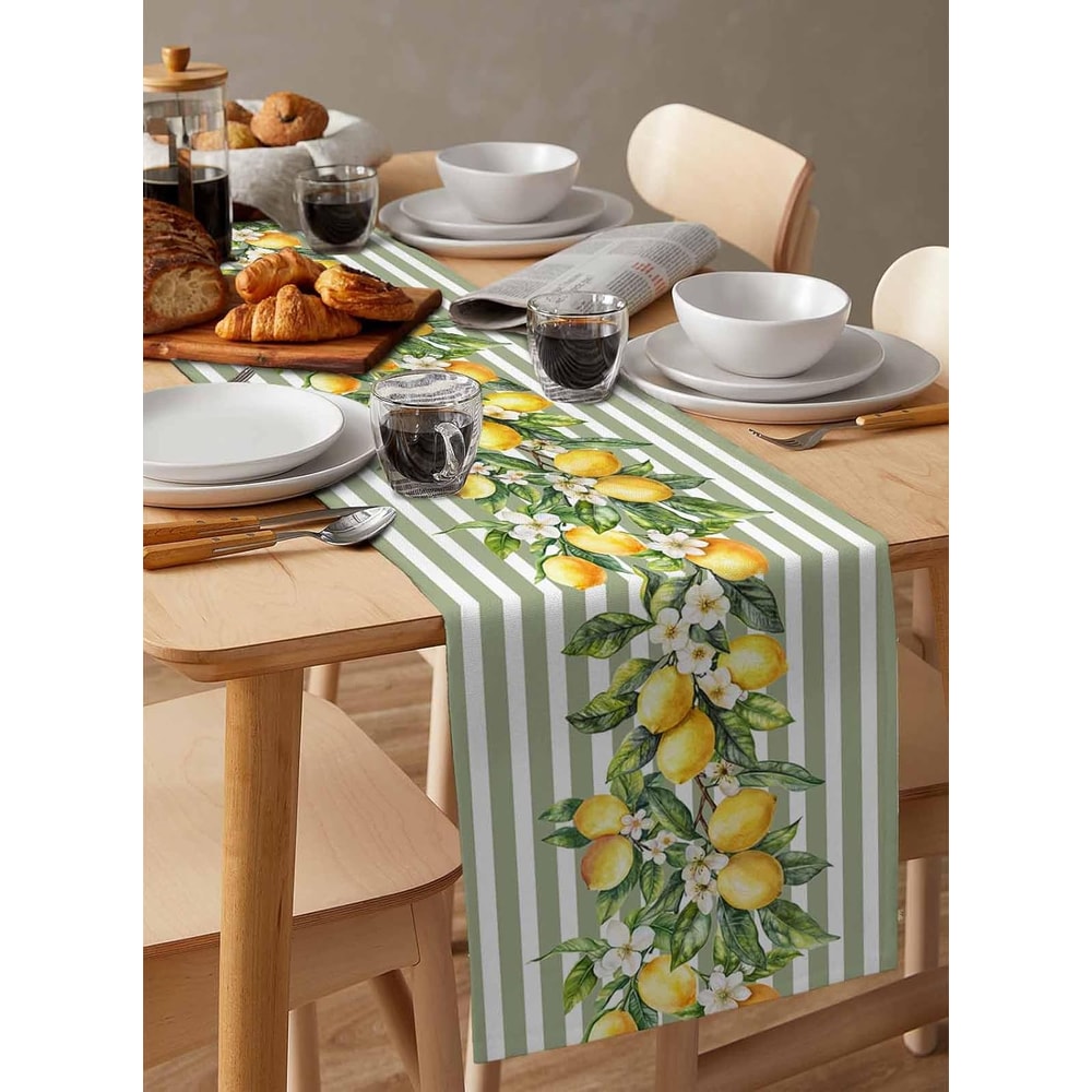 Summer Lemon Fruit Floral Linen Table Runner Stylish Holiday Kitchen Decoration