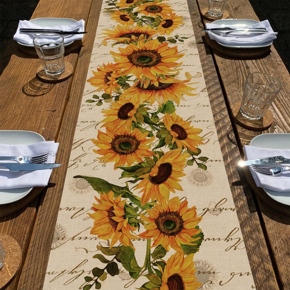 Sunflower Linen Table Runner Vintage Summer Kitchen Decor