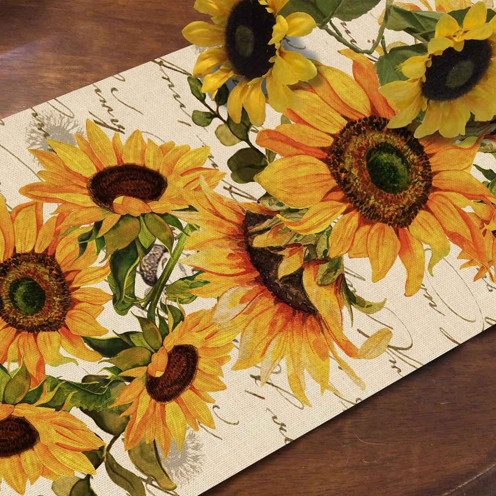 Sunflower Linen Table Runner Vintage Summer Kitchen Decor