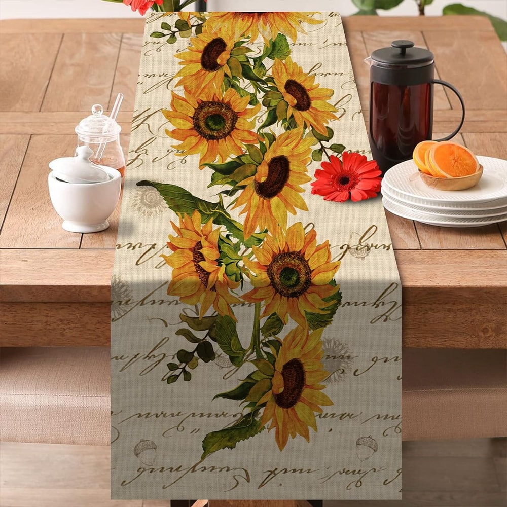 Sunflower Linen Table Runner Vintage Summer Kitchen Decor
