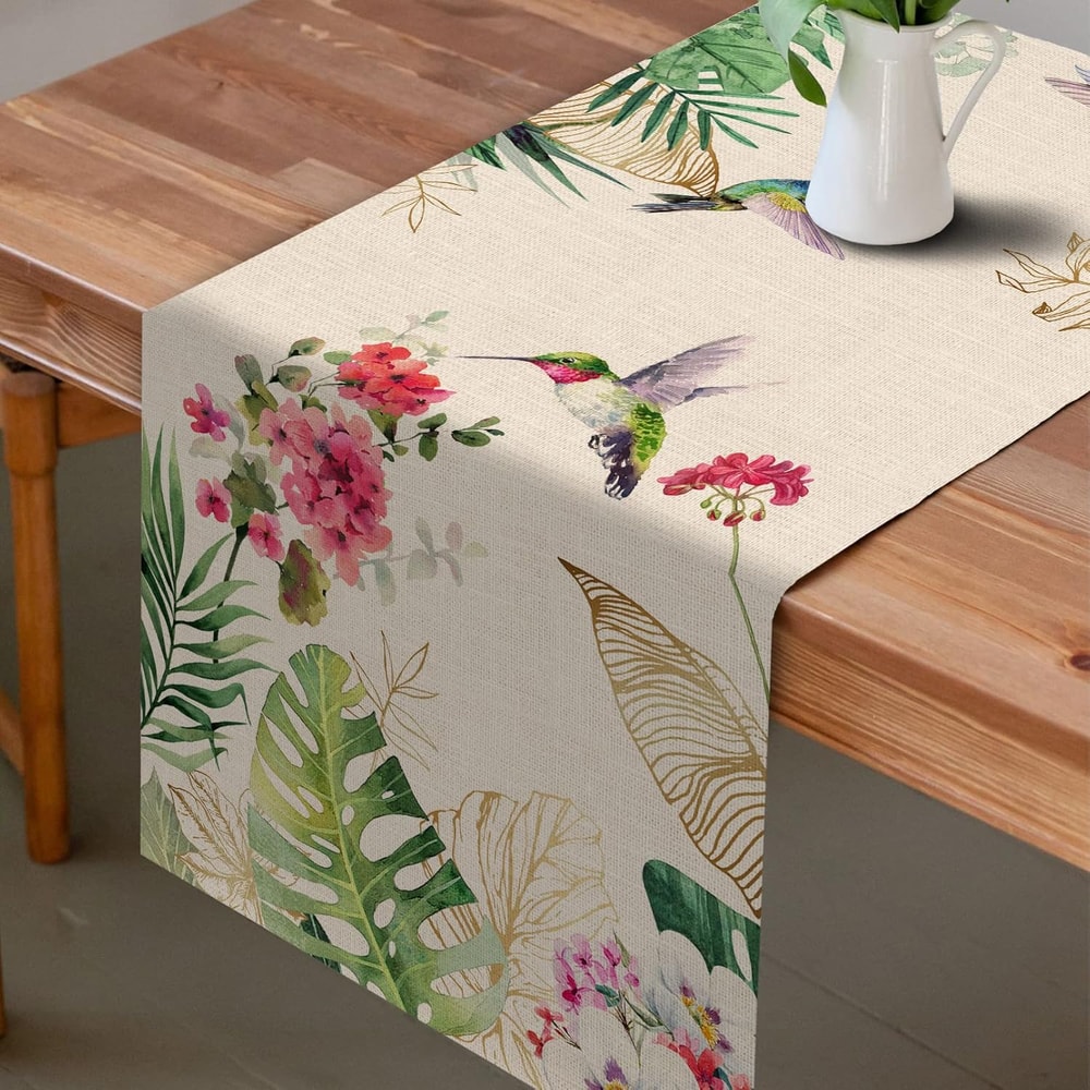 Tropical Hummingbird Palm Leaf Linen Table Runner Summer Party Decor 0