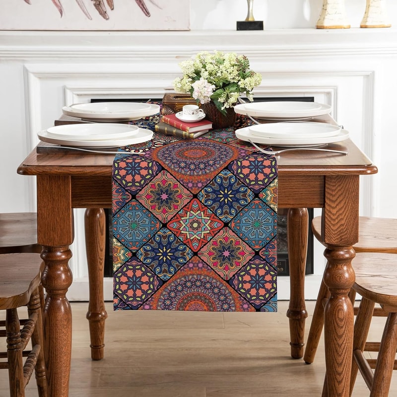 Vintage Bohemian Linen Table Runner for Farmhouse & Wedding Decor