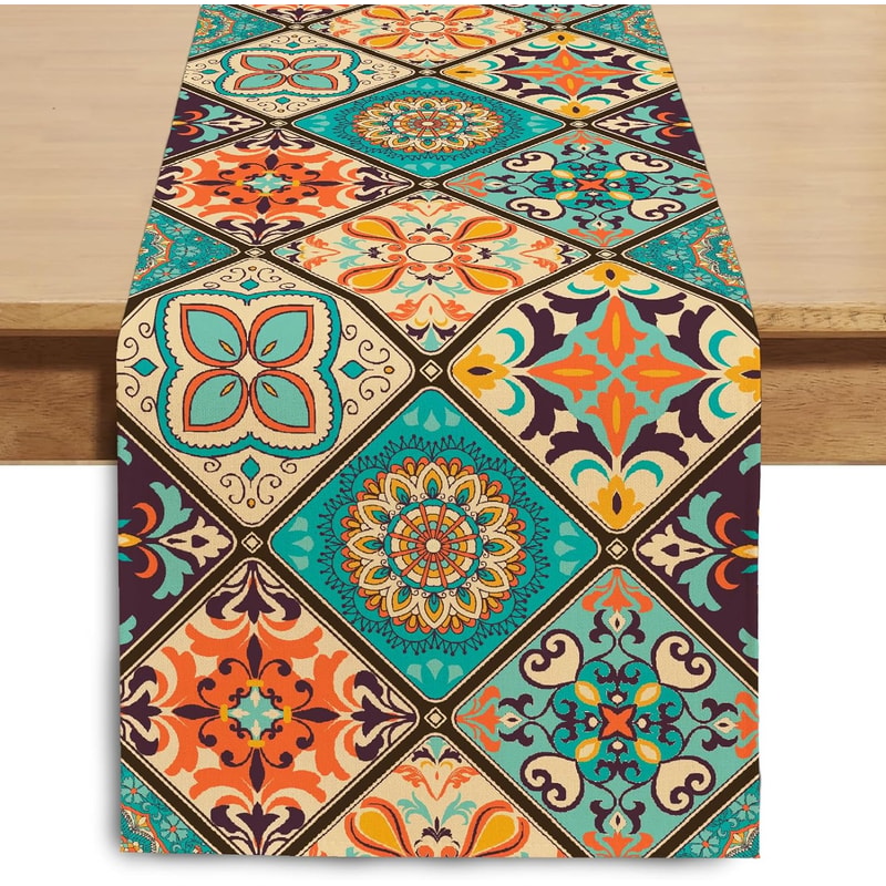 Vintage Bohemian Linen Table Runner for Farmhouse & Wedding Decor