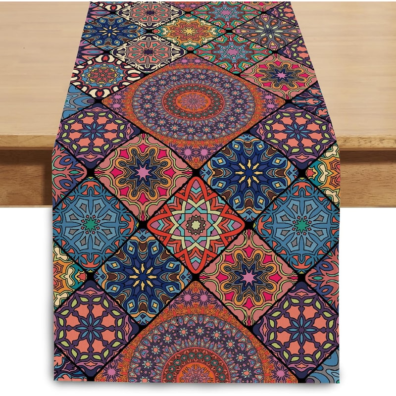 Vintage Bohemian Linen Table Runner for Farmhouse & Wedding Decor