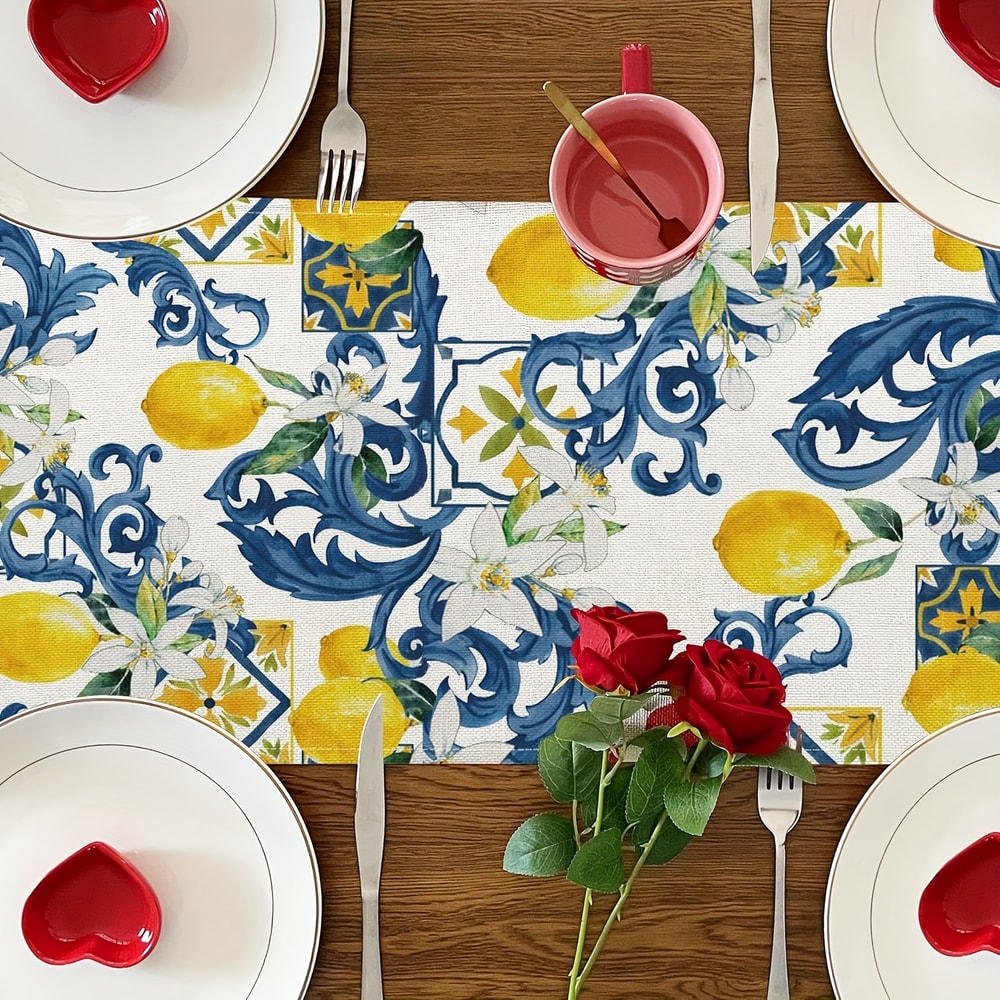 Summer Linen Table Runner Lemon Floral Design For Home Decor 2