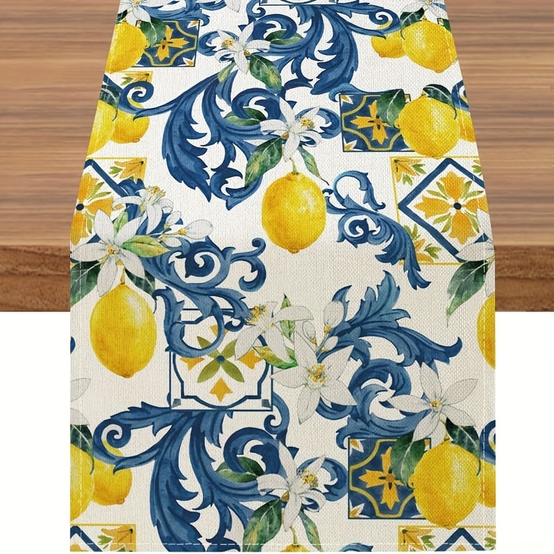 Summer Linen Table Runner Lemon Floral Design For Home Decor 5