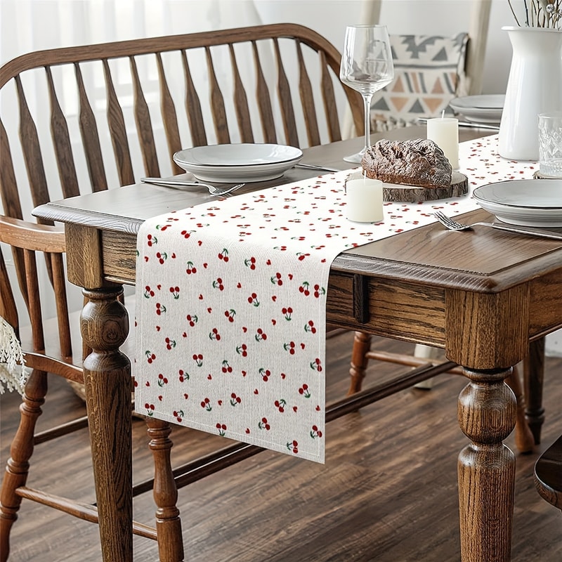 Cherry Linen Table Runner for Dining Room & Kitchen Decor Fruit Pattern Table Decor