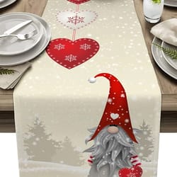 christmas linen table runner with gnome & snowflake design holiday dining decor