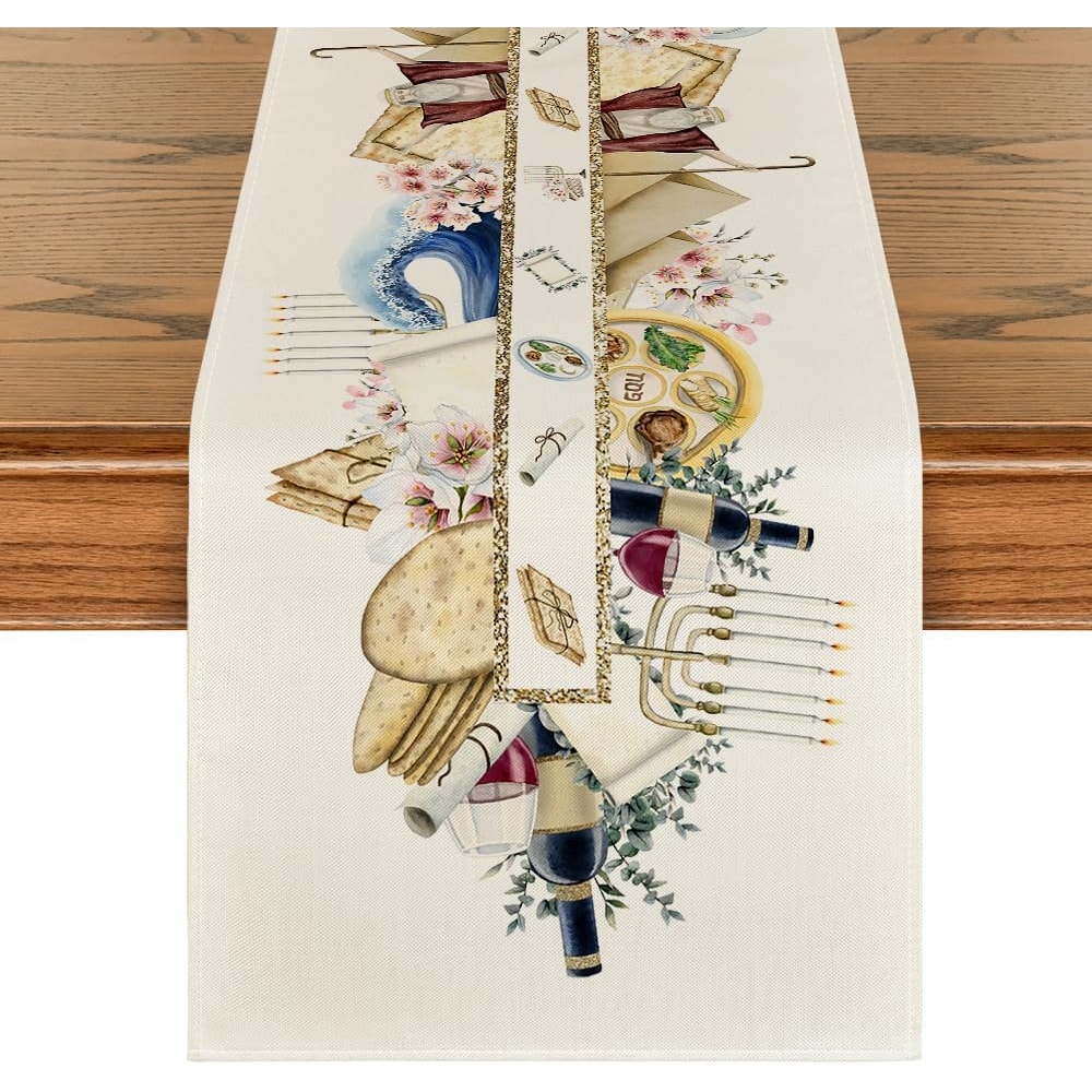 Premium Passover Linen Table Runner Jewish Holiday & Pesach Seder Decor