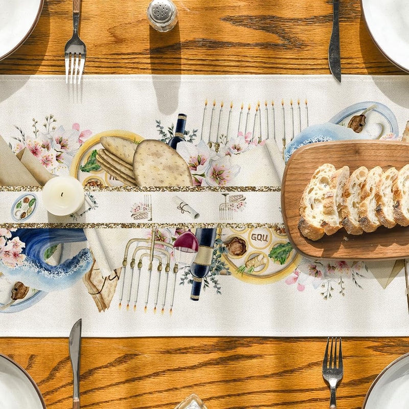 Premium Passover Linen Table Runner Jewish Holiday & Pesach Seder Decor