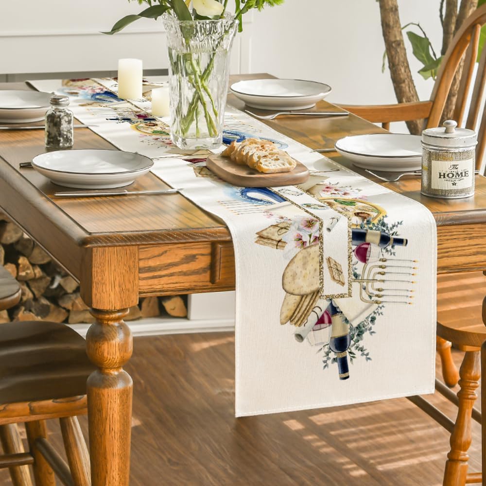 Premium Passover Linen Table Runner Jewish Holiday & Pesach Seder Decor