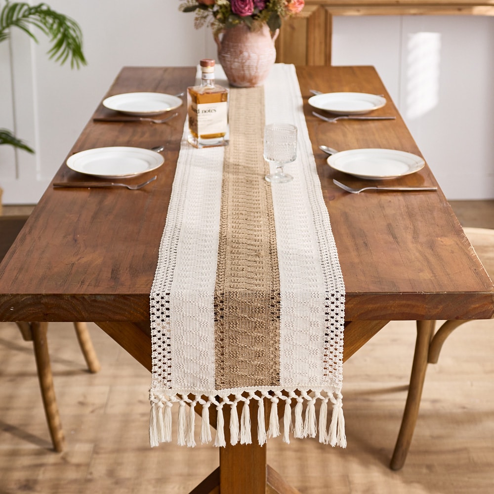 Boho Macrame Table Runner with Tassels Farmhouse Dining Decor