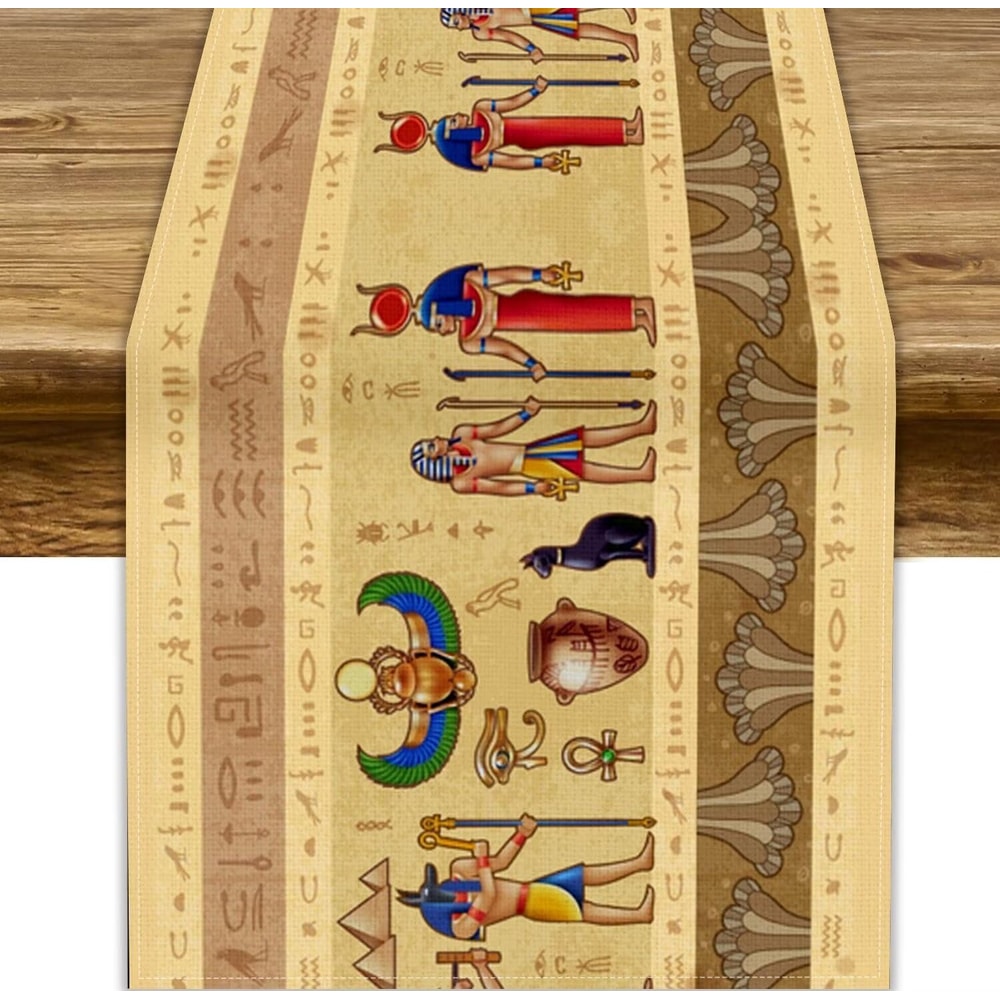 Regal Pharaoh Egyptian Linen Table Runner Ancient Hieroglyph Table Decor