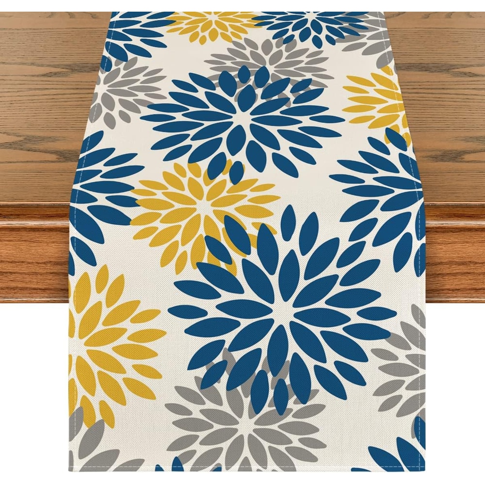 Blue Dahlia Elegant Linen Floral Table Runner Seasonal Dining Wedding Decor 0