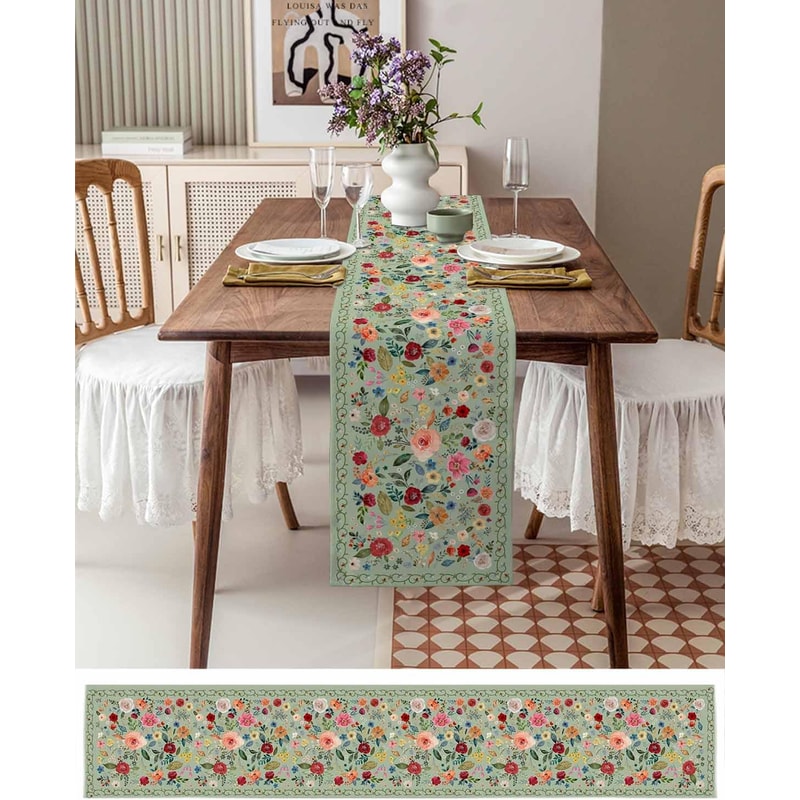Spring Vintage Floral Green Linen Table Runner For Weddings Home 1