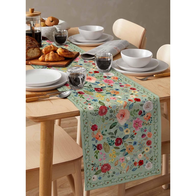Spring Vintage Floral Green Linen Table Runner For Weddings Home 2