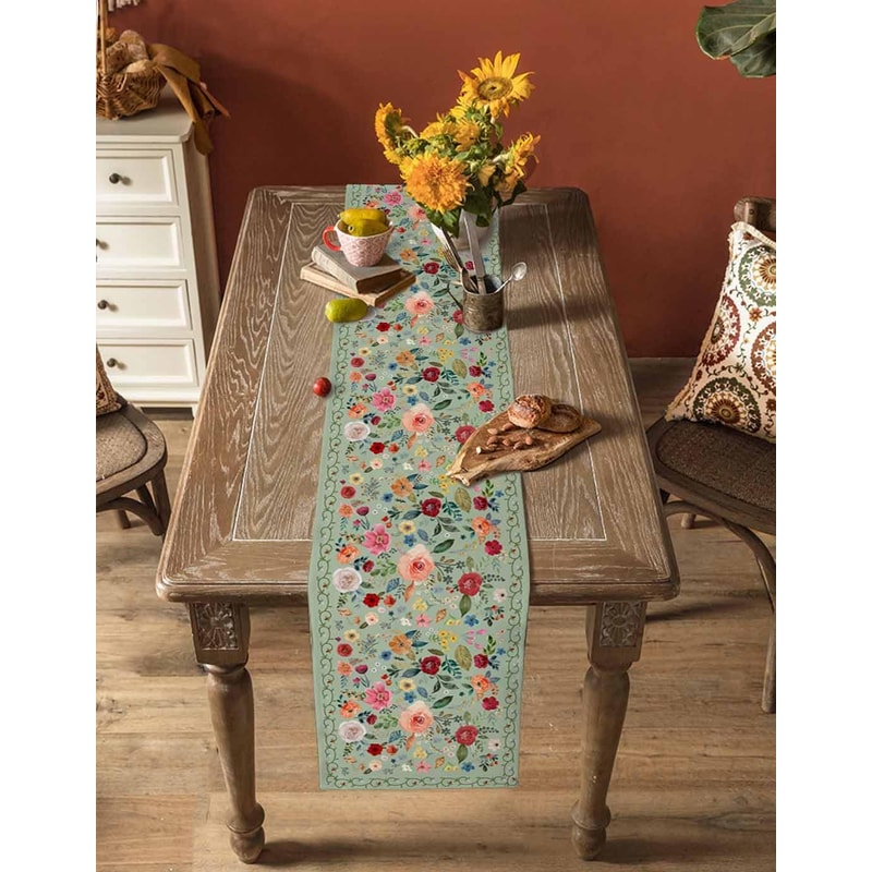 Spring Vintage Floral Green Linen Table Runner For Weddings Home 3