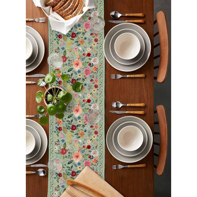 Spring Vintage Floral Green Linen Table Runner For Weddings Home 4
