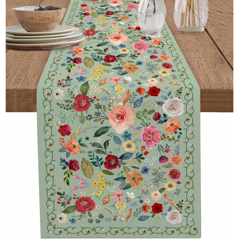 Spring Vintage Floral Green Linen Table Runner For Weddings Home 5
