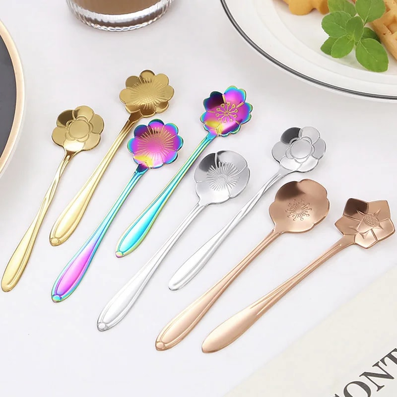 Elegant Flower Coffee Spoon Set Stainless Steel Dessert Spoons 0