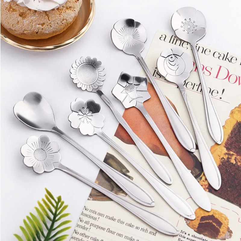 Elegant Flower Coffee Spoon Set Stainless Steel Dessert Spoons 4