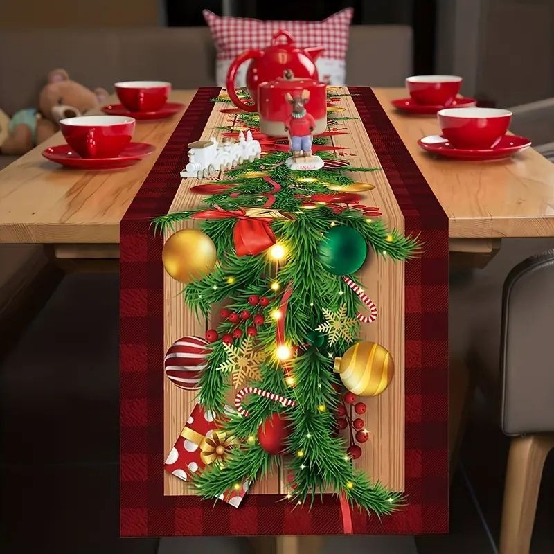 Elegant Plaid Linen Christmas Table Runner For Holiday Decor Winter Party Centerpieces 0