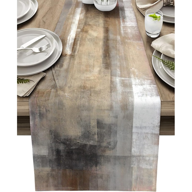 Abstract Art Linen Table Runner Farmhouse Holiday Table Decor 0