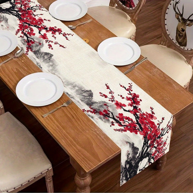 Elegant Cherry Blossom Table Runner Red Plum Blossom Kitchen & Dining Decor