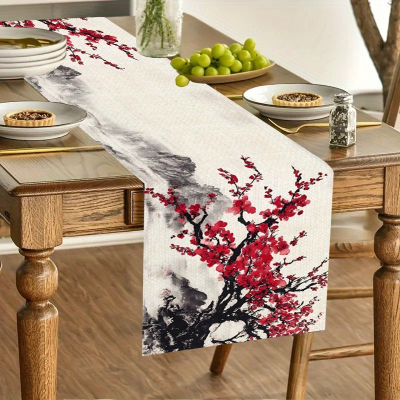 Elegant Cherry Blossom Table Runner Red Plum Blossom Kitchen & Dining Decor