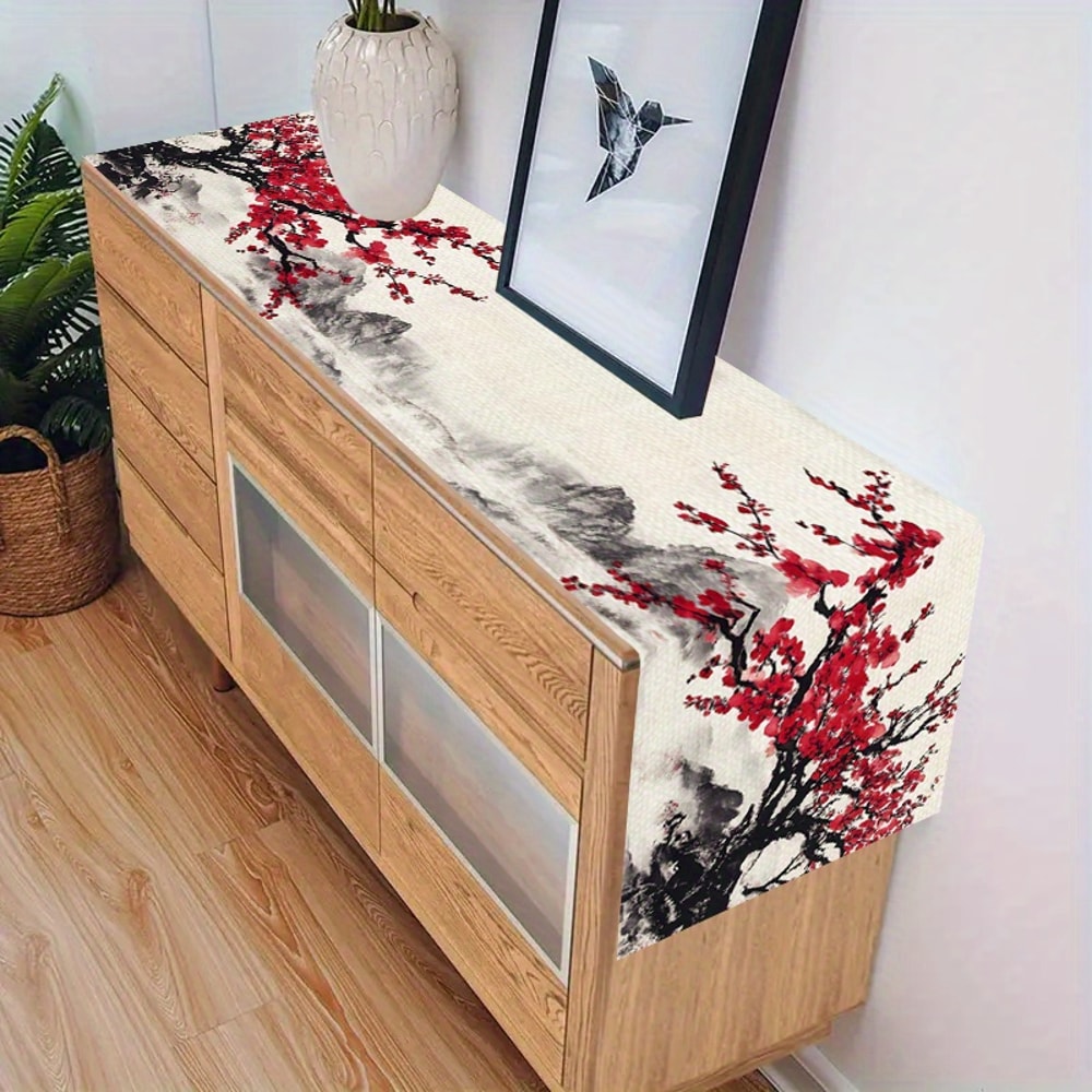 Elegant Cherry Blossom Table Runner Red Plum Blossom Kitchen & Dining Decor