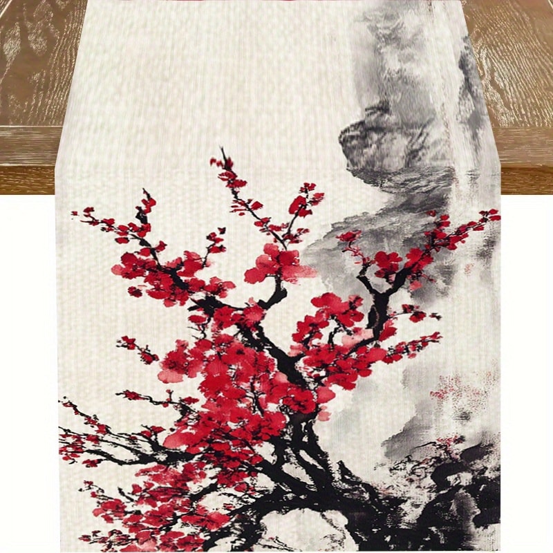 Elegant Cherry Blossom Table Runner Red Plum Blossom Kitchen & Dining Decor