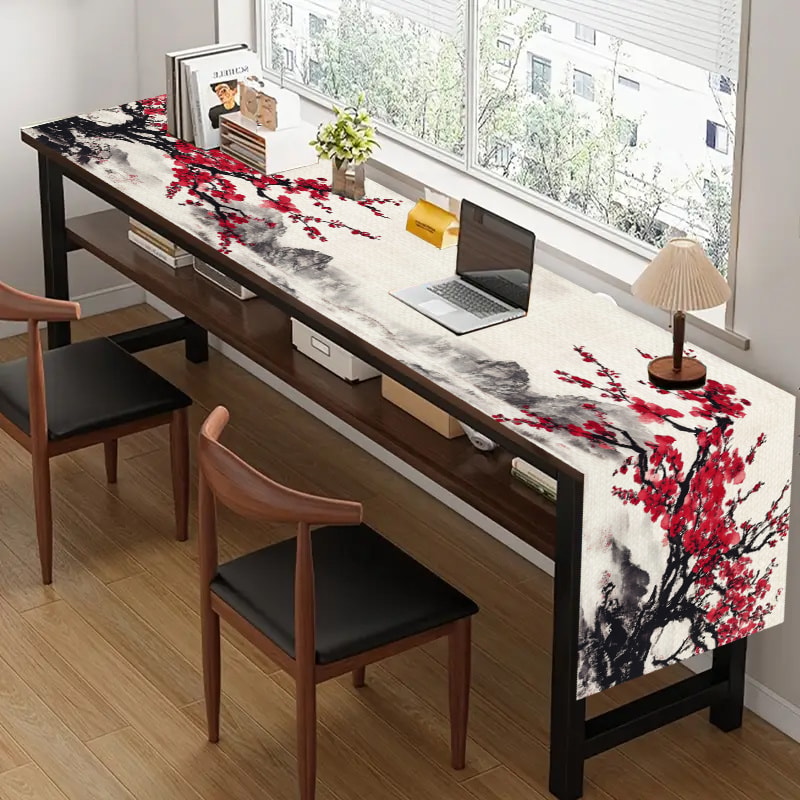 Elegant Cherry Blossom Table Runner Red Plum Blossom Kitchen & Dining Decor