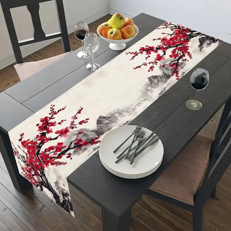Elegant Cherry Blossom Table Runner Red Plum Blossom Kitchen & Dining Decor