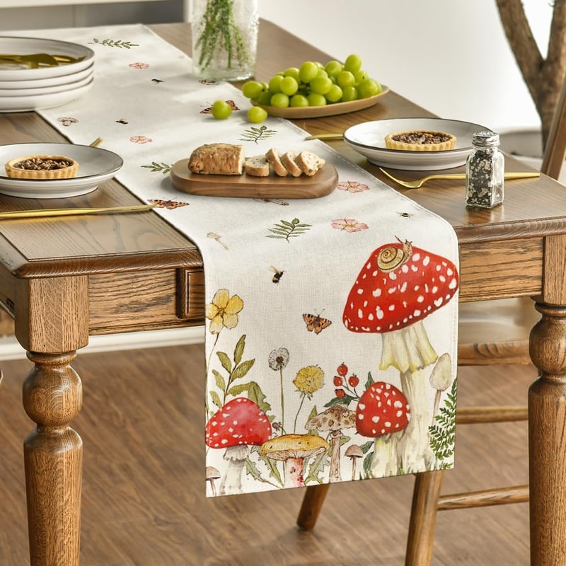 Spring Mushroom & Butterfly Linen Table Runner Farmhouse Wedding & Kitchen Decor