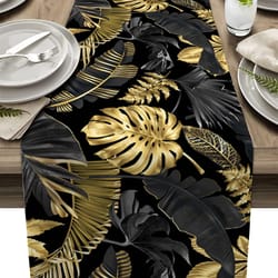 luxury tropical linen table runner with black and gold leaves elegant dining decor
