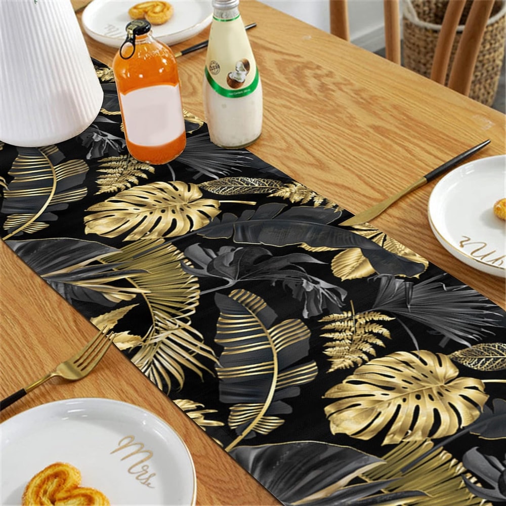 Luxury Tropical Linen Table Runner with Black and Gold Leaves Elegant Dining Decor