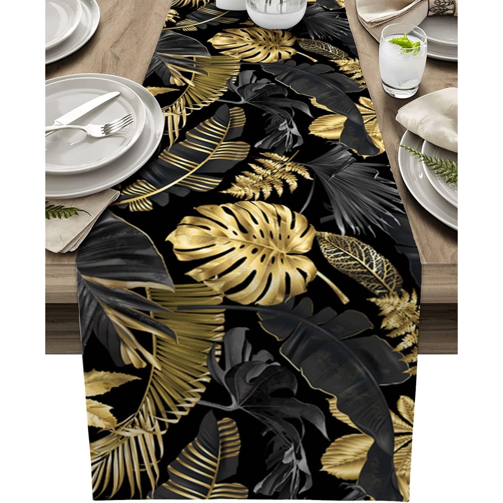 Luxury Tropical Linen Table Runner with Black and Gold Leaves Elegant Dining Decor