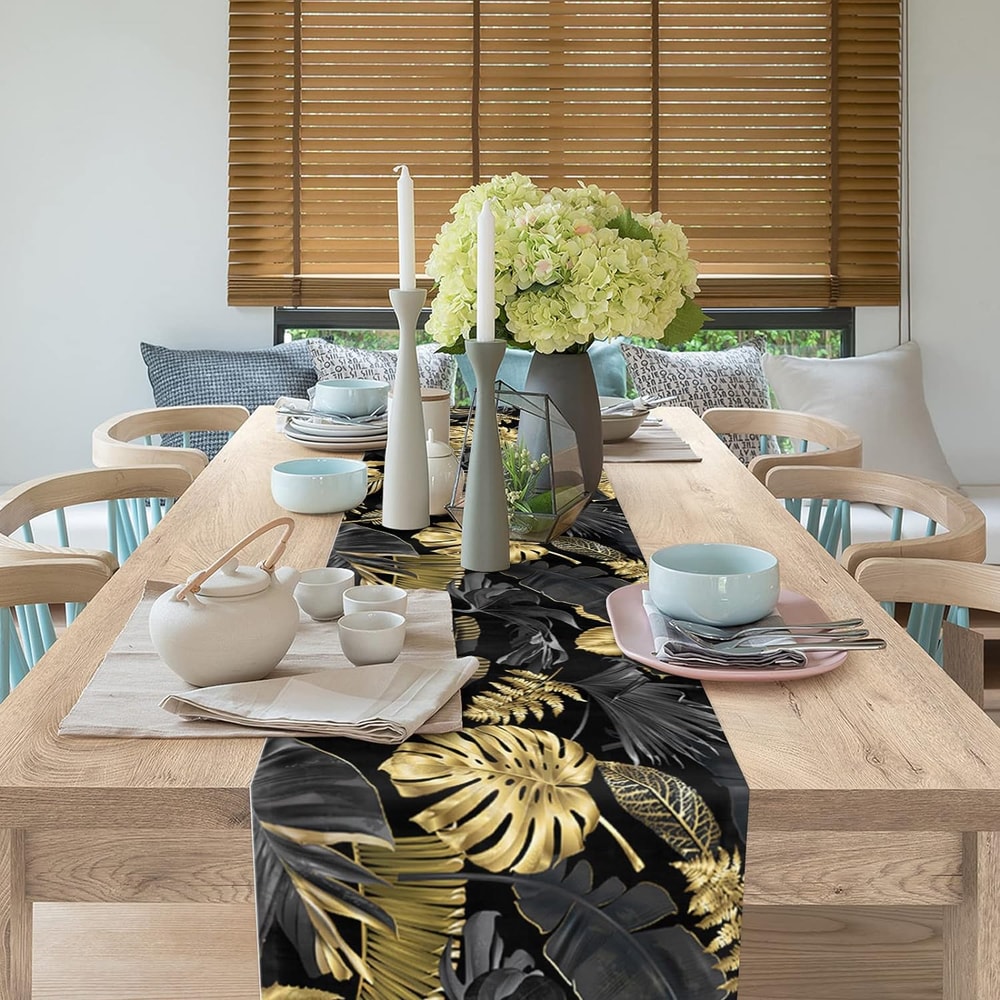 Luxury Tropical Linen Table Runner with Black and Gold Leaves Elegant Dining Decor