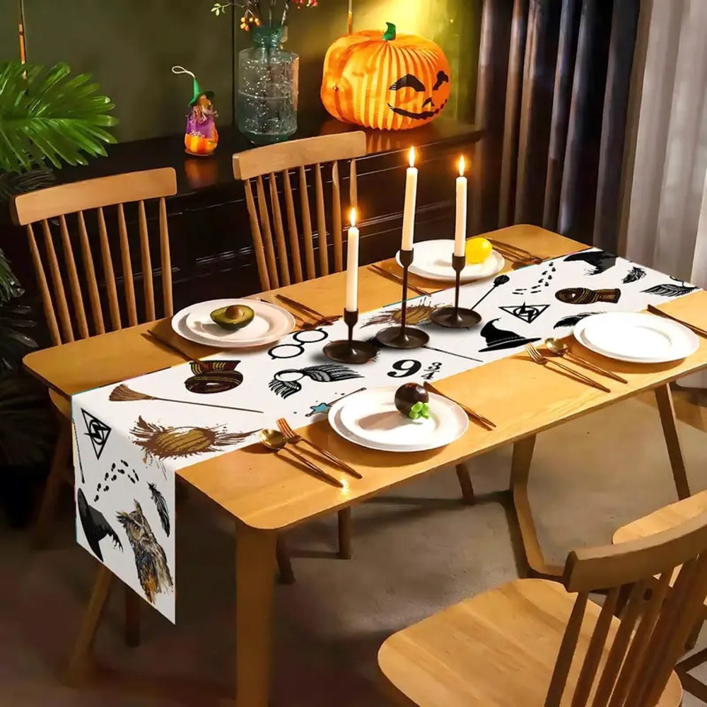 Halloween Table Runner Linen Wizard & Witch Theme Spooky Halloween Tablecloth Decor