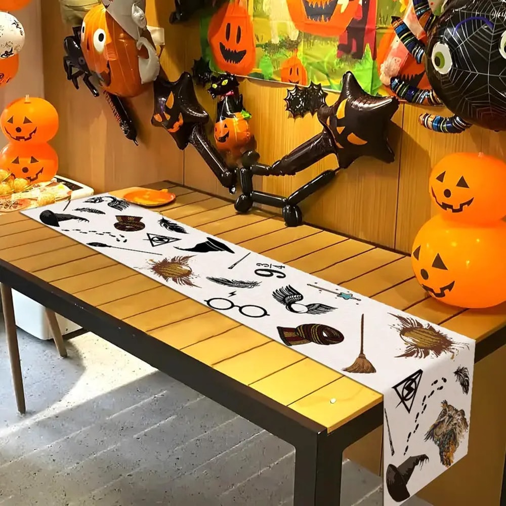 Halloween Table Runner Linen Wizard & Witch Theme Spooky Halloween Tablecloth Decor